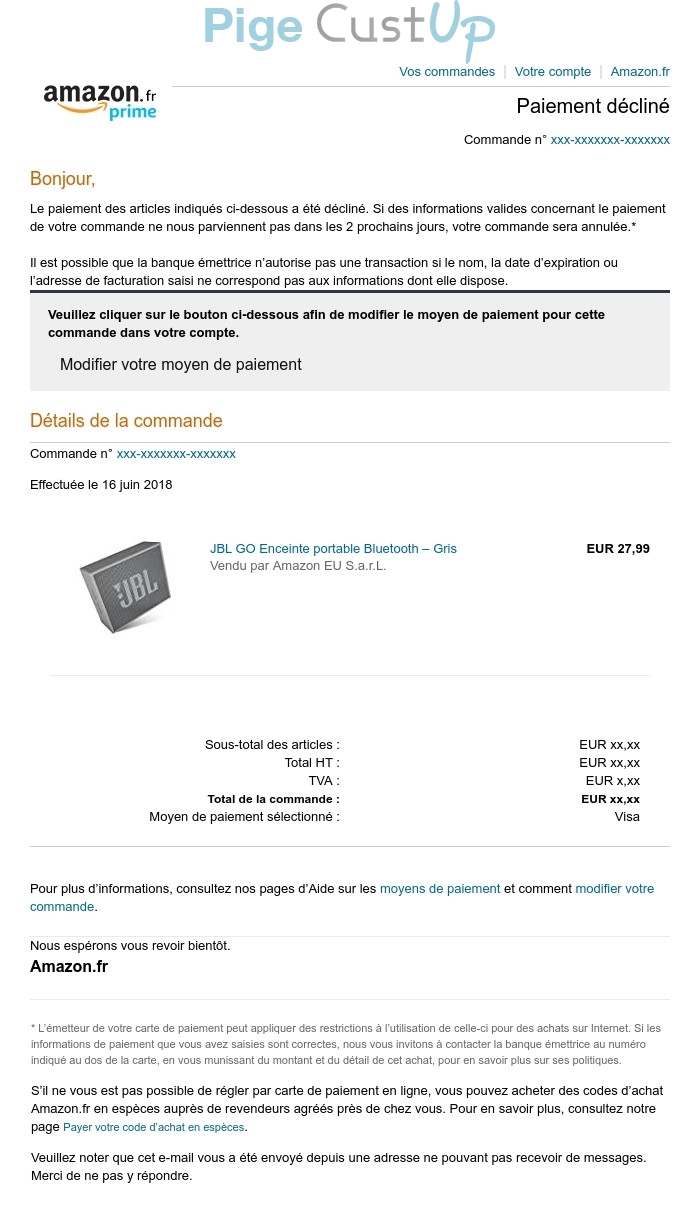 Exemple de Type de media  e-mailing - Amazon - Transactionnels - Échec de paiement