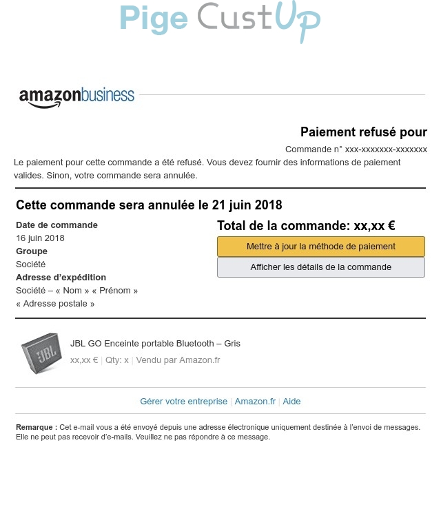 Exemple de Type de media  e-mailing - Amazon - Transactionnels - Échec de paiement