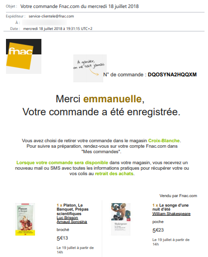 exemple email confirmation commande web fnac 1