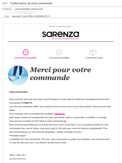 exemple email confirmation commande web sarenza