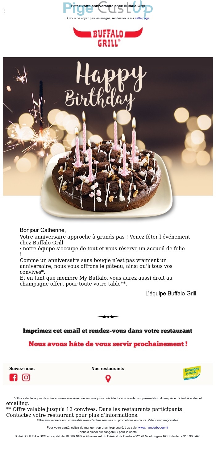 Exemple de Type de media  e-mailing - Buffalo Grill - Marketing relationnel - Anniversaire / Fête contact