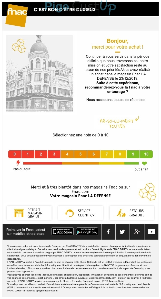 Exemple de Type de media  e-mailing - Fnac - Enquêtes Clients - NPS / Avis clients