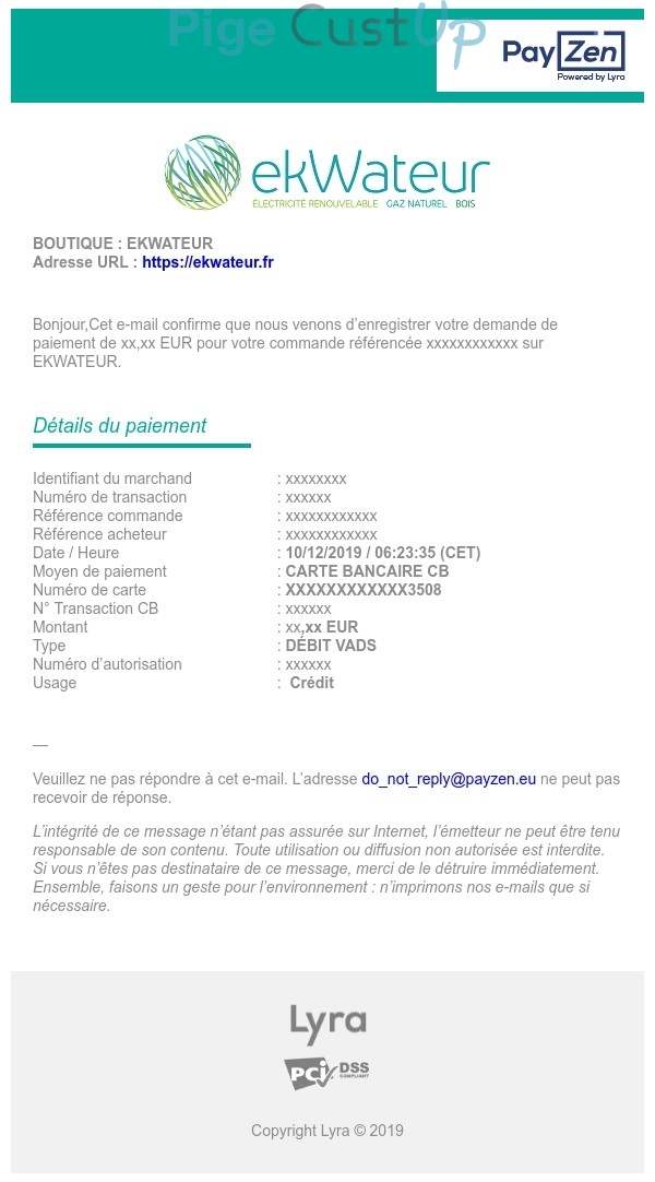 Exemple de Type de media  e-mailing - Ekwateur - Transactionnels - Confirmation de paiement