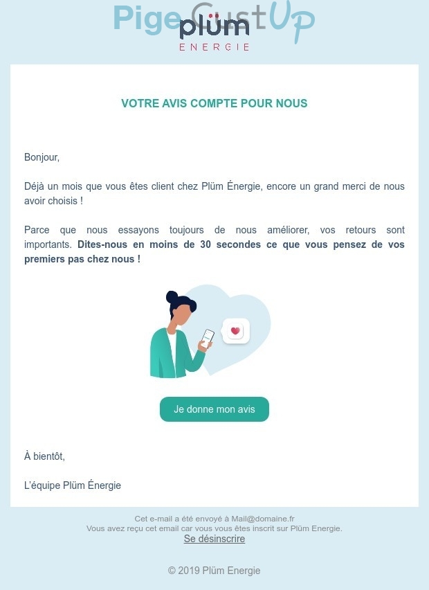 Exemple de Type de media  e-mailing - Plüm - Enquêtes Clients - Consultation client