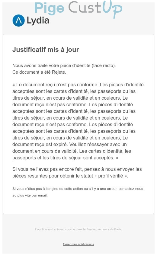 Exemple de Type de media  e-mailing - Lydia - Transactionnels - Justificatifs : document rejeté