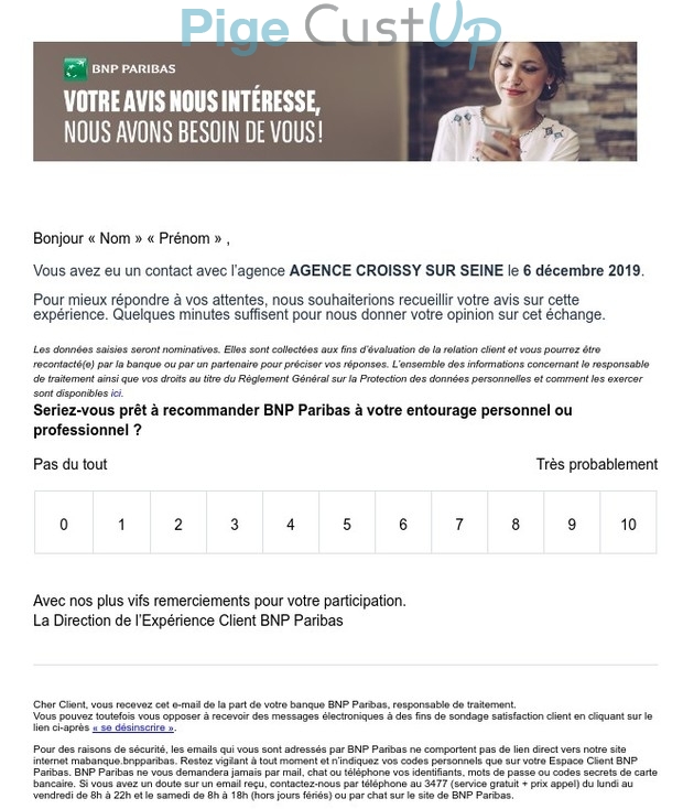 Exemple de Type de media  e-mailing - BNP - Enquêtes Clients - NPS / Avis clients