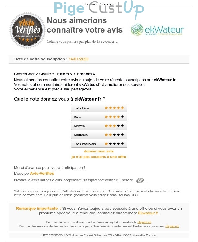 Exemple de Type de media  e-mailing - Ekwateur - Enquêtes Clients - NPS / Avis clients