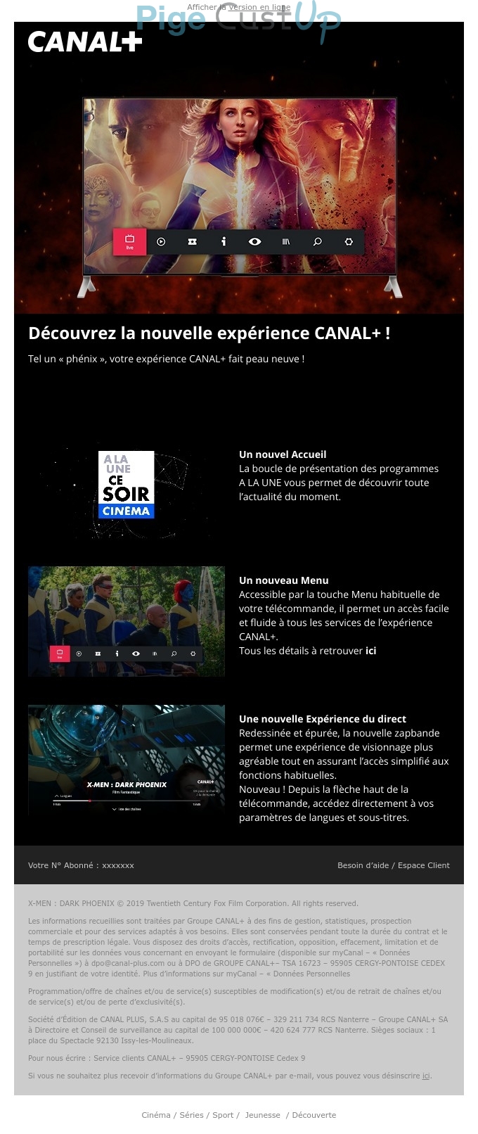 Exemple de Type de media  e-mailing - Canal + - Marketing marque - Communication Produits - Nouveaux produits - Communication Services - Nouveaux Services