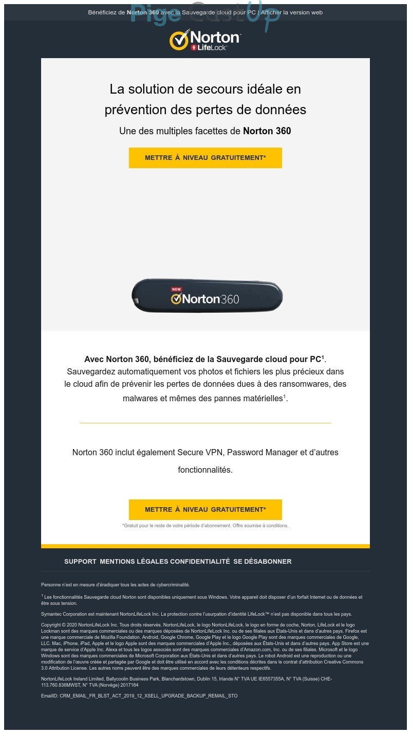 Exemple de Type de media  e-mailing - Norton - Marketing Acquisition - Gratuit - Cadeau - Marketing fidélisation - Up sell - cross sell