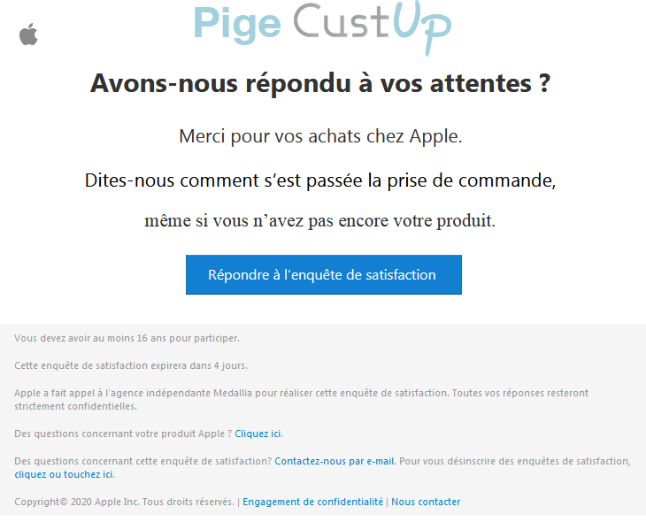 Exemple de Type de media  e-mailing - Apple.com - Enquêtes Clients - Consultation client