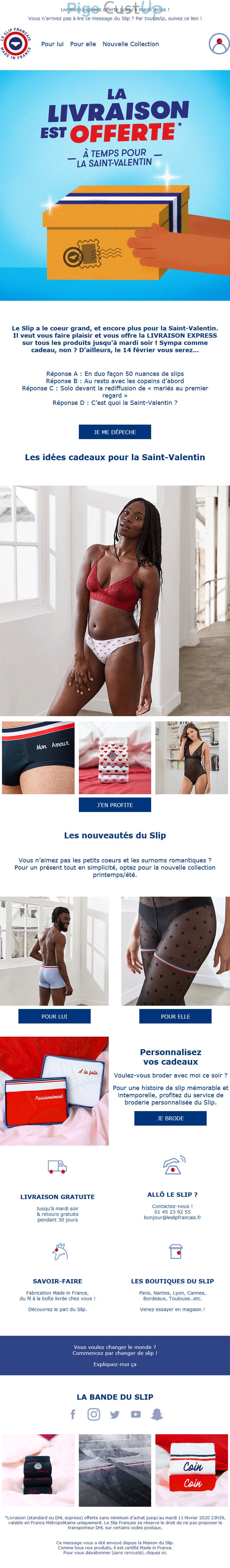 Exemple de Type de media  e-mailing - Le slip français - Marketing relationnel - Calendaire (Noël, St valentin, Vœux, …) - Marketing marque - Communication Produits - Nouveaux produits - Marketing Acquisition - Gratuit - Cadeau - Ventes flash, soldes, demarque, promo, réduction - Marketing fidélisation - Incitation au réachat