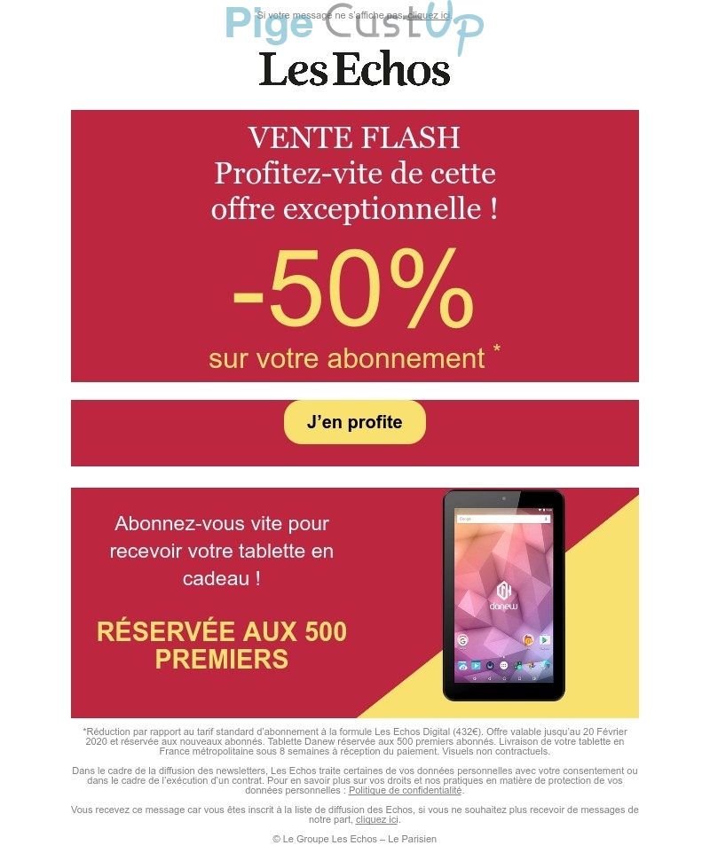 Exemple de Type de media  e-mailing - Les Echos - Marketing Acquisition - Acquisition abonnements - Ventes flash, soldes, demarque, promo, réduction