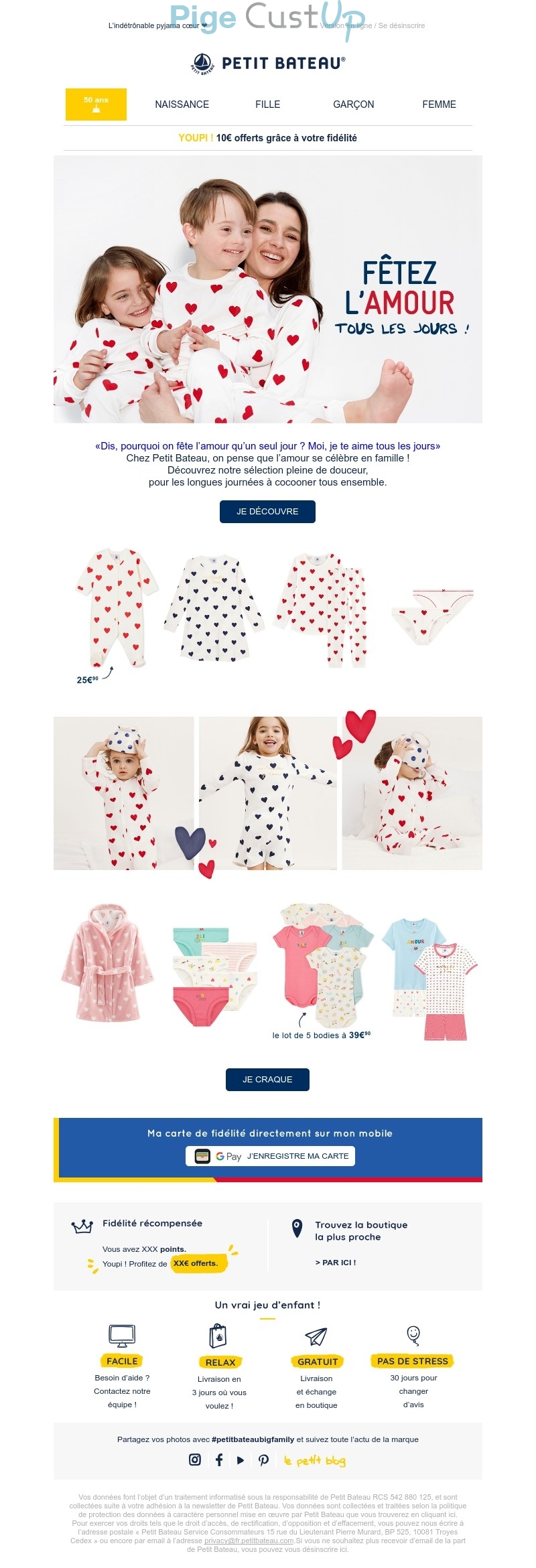 Exemple de Type de media  e-mailing - Petit Bateau - Marketing relationnel - Calendaire (Noël, St valentin, Vœux, …) - Marketing fidélisation - Points et statut - Recompenses