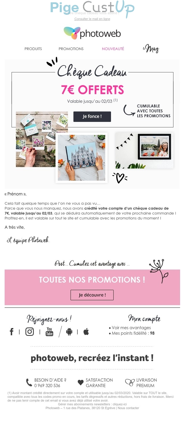 Exemple de Type de media  e-mailing - Photoweb - Marketing fidélisation - Incitation au réachat - Marketing Acquisition - Relance inactifs - Ventes flash, soldes, demarque, promo, réduction