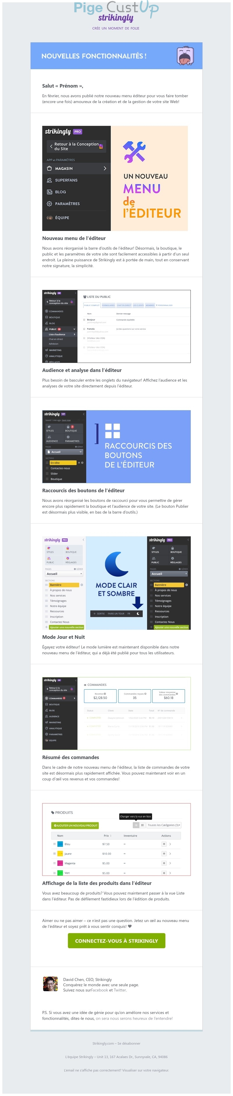 Exemple de Type de media  e-mailing - Strikingly - Marketing marque - Communication Produits - Nouveaux produits - Communication Services - Nouveaux Services