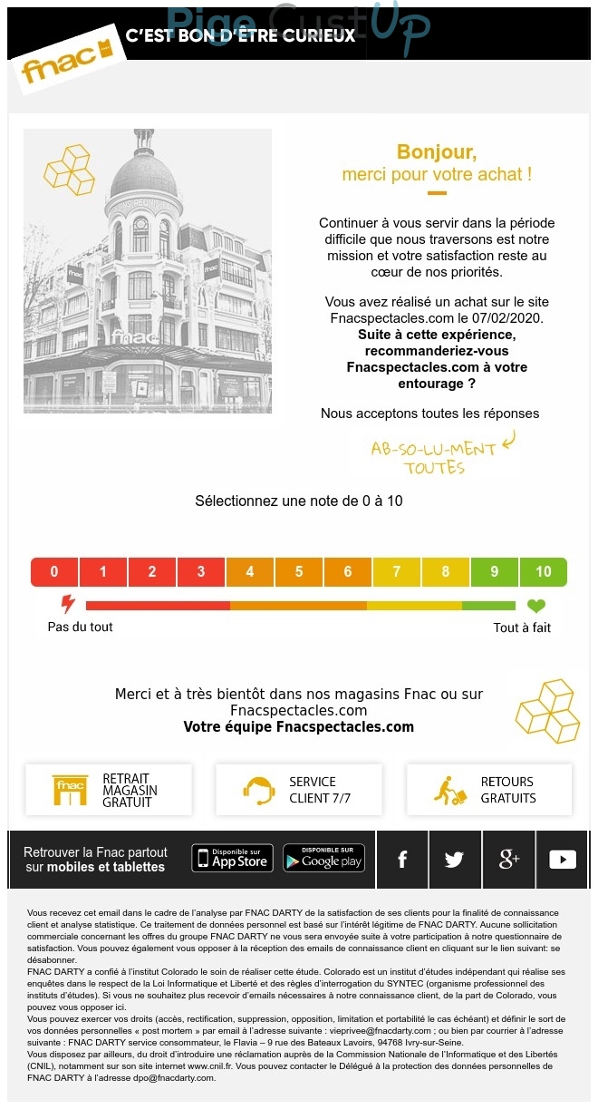 Exemple de Type de media  e-mailing - Fnac - Enquêtes Clients - NPS / Avis clients