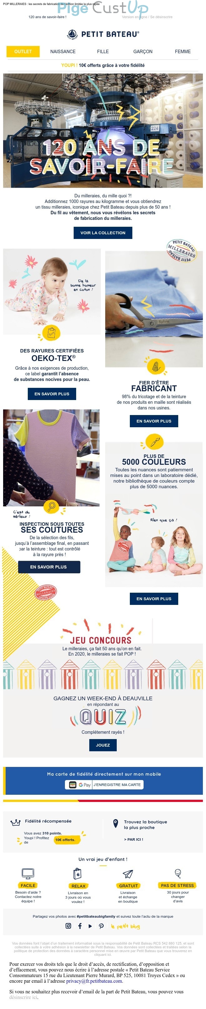 Exemple de Type de media  e-mailing - Petit Bateau - Marketing Acquisition - Anniversaire marque - Gratuit - Cadeau - Jeu promo - Marketing marque - Communication Produits - Nouveaux produits - Institutionnel - Marketing fidélisation - Points et statut - Marketing relationnel - Newsletter