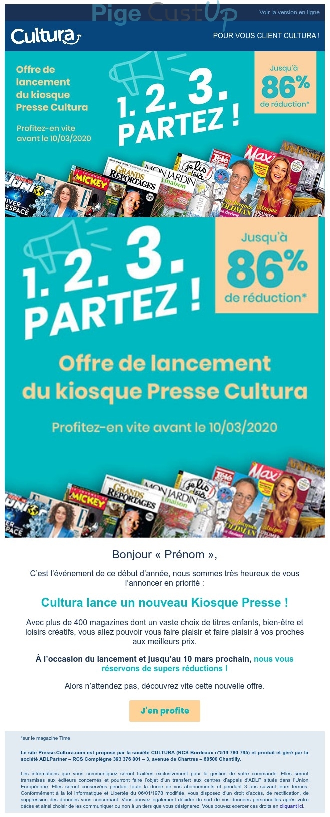 Exemple de Type de media  e-mailing - Cultura - Marketing Acquisition - Acquisition abonnements - Promotion à l'occasion d'un événement - Collecte de données - Acquisition de leads - Marketing marque - Communication Services - Nouveaux Services