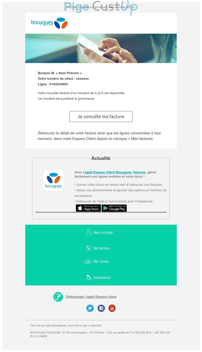 Exemple de Type de media  e-mailing - Bouygues Télécom - Transactionnels - Consultation facture en ligne