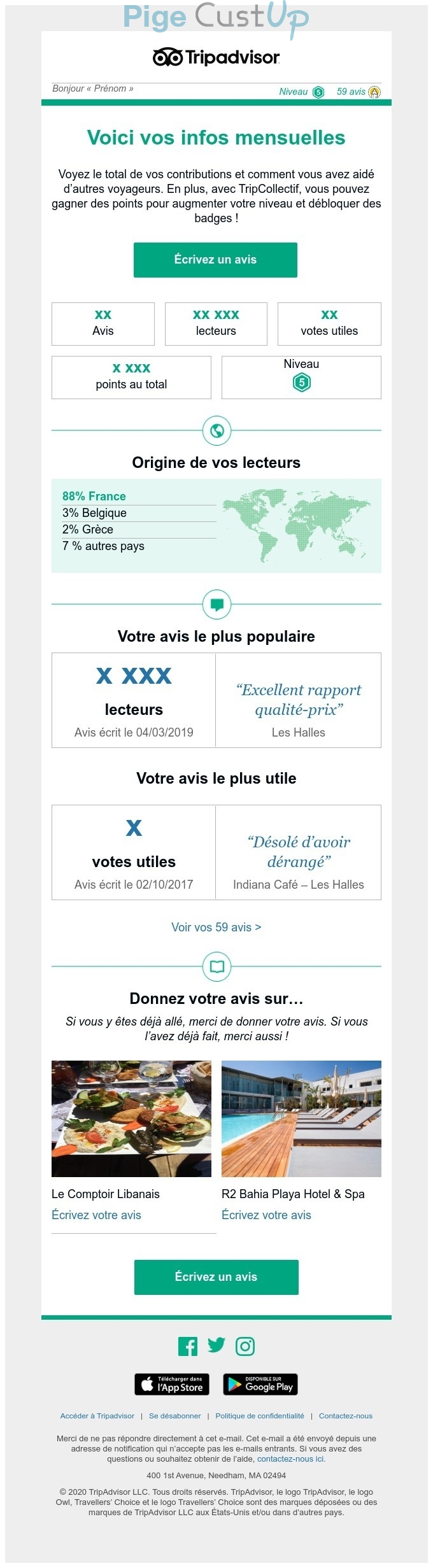 Exemple de Type de media  e-mailing - Tripadvisor - Marketing fidélisation - Animation / Vie du Programme de Fidélité - Points et statut - Enquêtes Clients - Consultation client