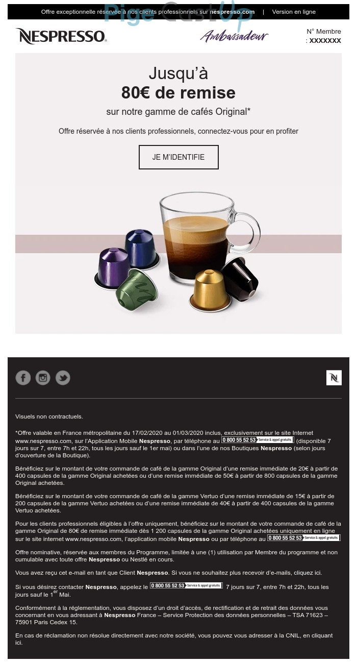 Exemple de Type de media  e-mailing - Nespresso - Marketing fidélisation - Animation / Vie du Programme de Fidélité - Incitation au réachat - Marketing marque - Communication Produits - Nouveaux produits - Marketing Acquisition - Ventes flash, soldes, demarque, promo, réduction
