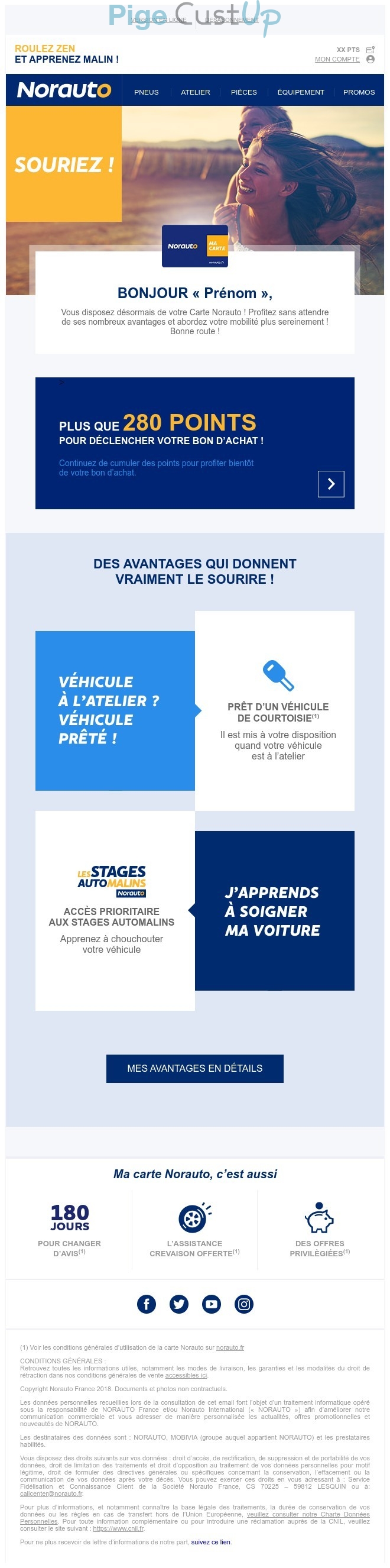 Exemple de Type de media  e-mailing - Norauto - Marketing fidélisation - Avantages Partenaires - Incitation au réachat - Points et statut - Marketing marque - Communication Services - Nouveaux Services - Marketing Acquisition - Gratuit - Cadeau