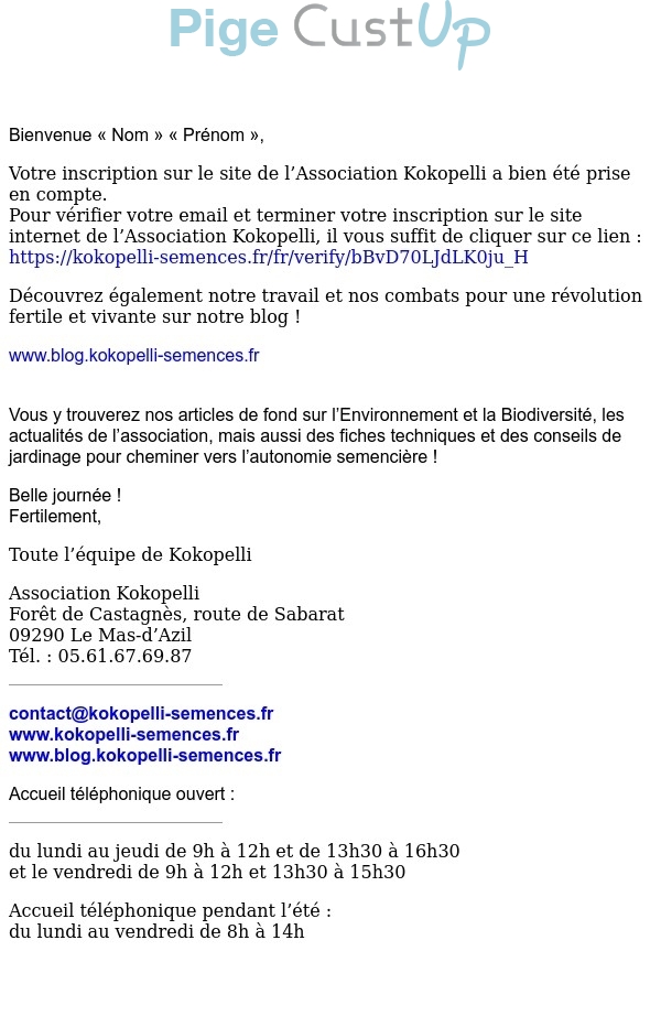 Exemple de Type de media  e-mailing - Association Kokopelli - Marketing relationnel - Bienvenue - Welcome
