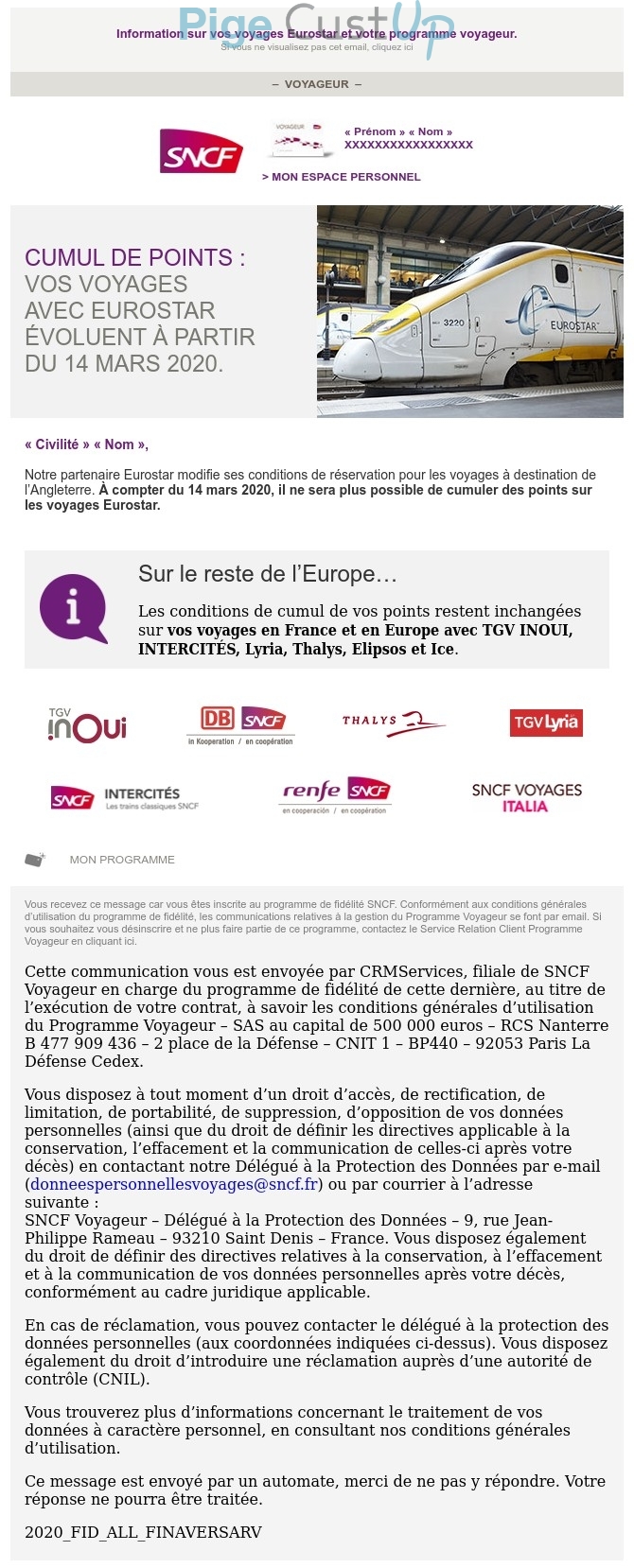 Exemple de Type de media  e-mailing - SNCF - Marketing marque - Communication Produits - Nouveaux produits - Communication Services - Nouveaux Services - Marketing fidélisation - Points et statut