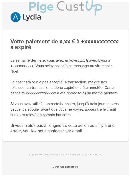 Exemple de Type de media  e-mailing - Lydia - Marketing relationnel - Alerting - Transactionnels - Annulation
