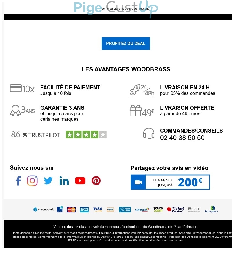 Exemple de Type de media  e-mailing - Woodbrass - Marketing marque - Communication Produits - Nouveaux produits - Marketing fidélisation - Incitation au réachat - Marketing Acquisition - Ventes flash, soldes, demarque, promo, réduction