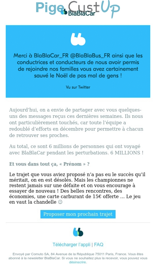 Exemple de Type de media  e-mailing - BlaBlaCar - Marketing fidélisation - Incitation au réachat