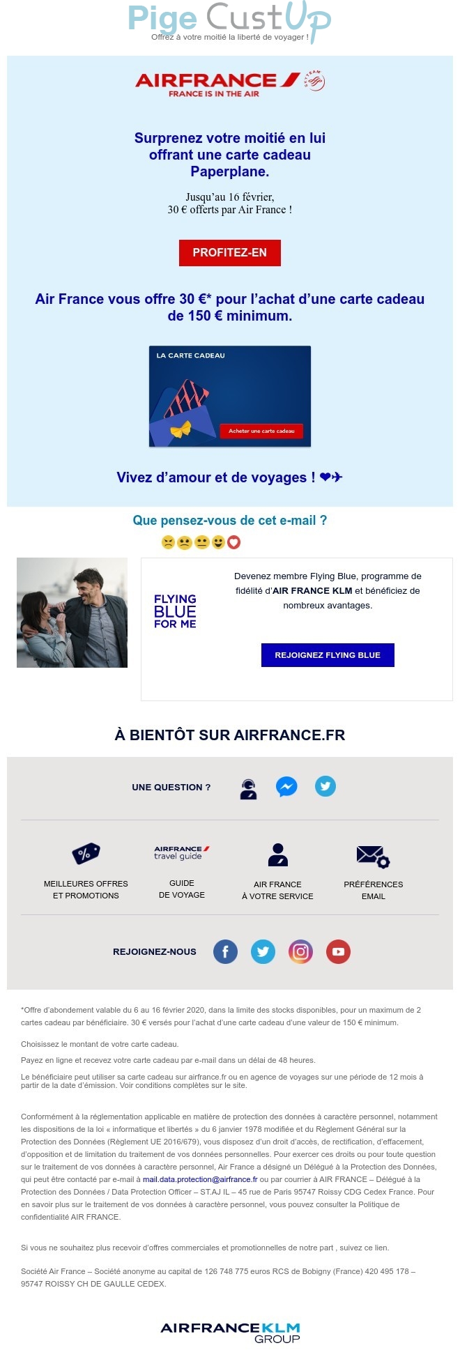 Exemple de Type de media  e-mailing - Air France - Marketing marque - Communication Produits - Nouveaux produits - Communication Services - Nouveaux Services - Marketing Acquisition - Gratuit - Cadeau - Ventes flash, soldes, demarque, promo, réduction - Marketing fidélisation - Incitation au réachat