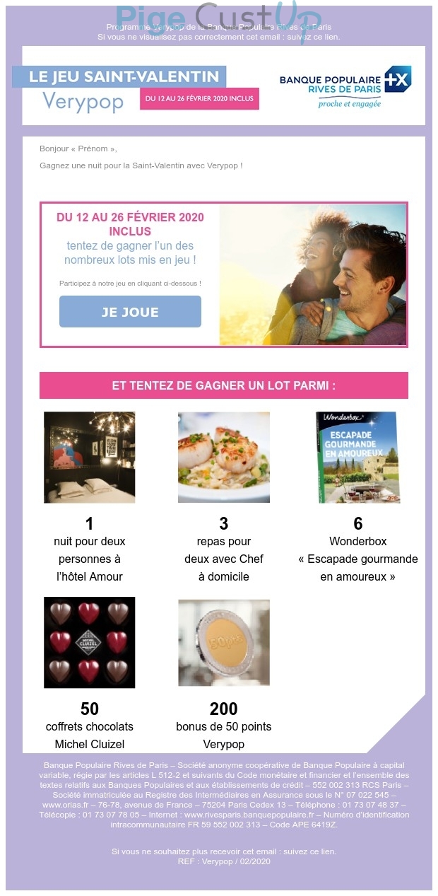 Exemple de Type de media  e-mailing - Banque Populaire - Marketing relationnel - Calendaire (Noël, St valentin, Vœux, …) - Marketing Acquisition - Jeu promo
