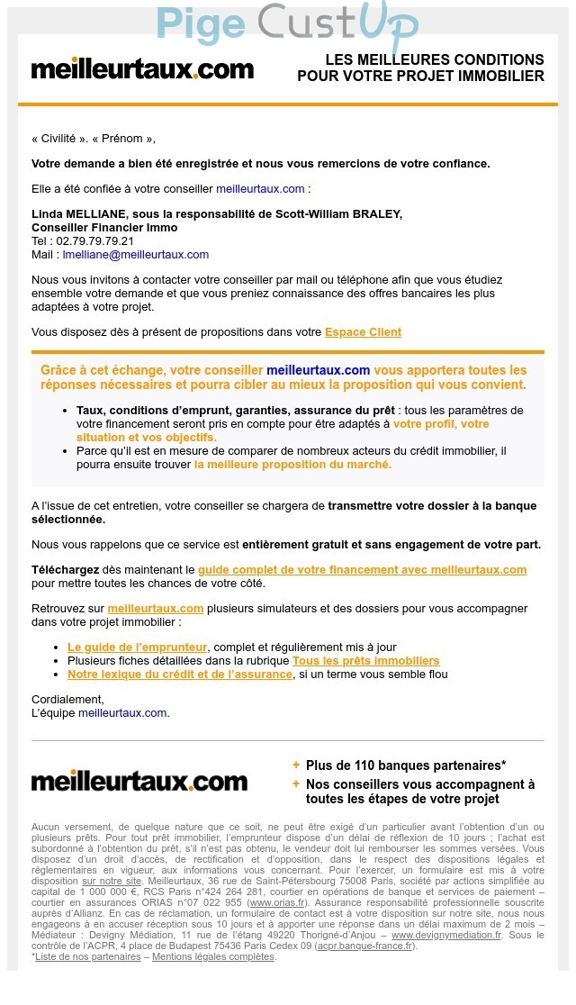 Exemple de Type de media  e-mailing - Meilleurtaux.com - Collecte de données - Acquisition de leads - Transactionnels - Confirmation demande de devis / contact / RDV