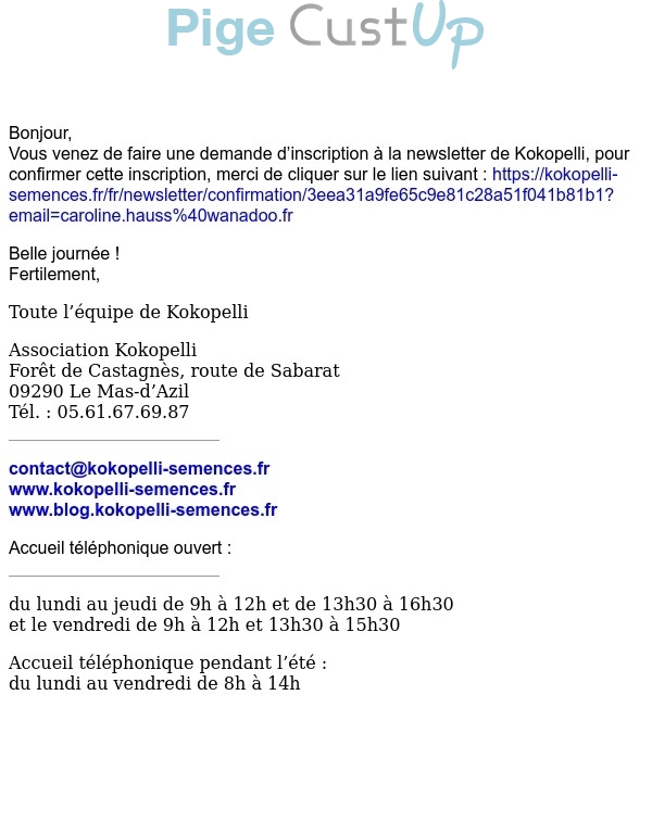 Exemple de Type de media  e-mailing - Association Kokopelli - Transactionnels - Confirmation Inscription Newsletter