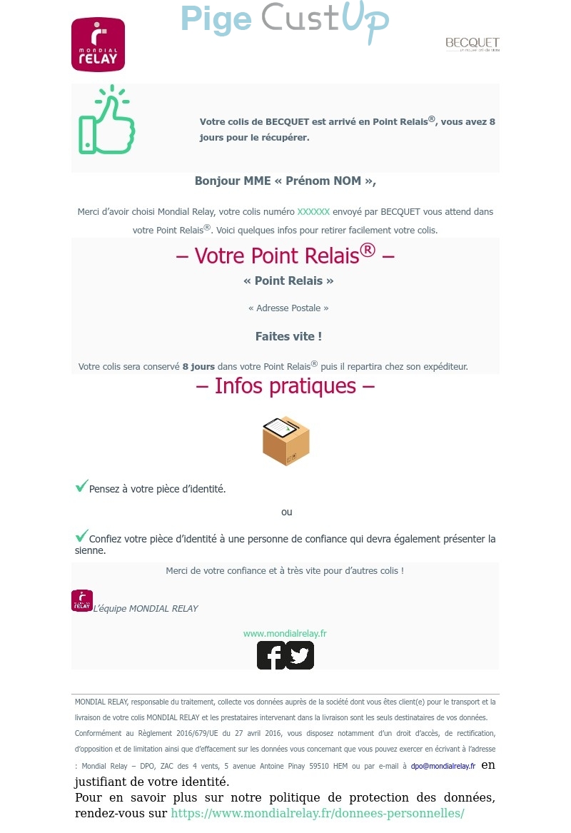 Exemple de Type de media  e-mailing - Mondial Relay - Transactionnels - Confirmation Livraison