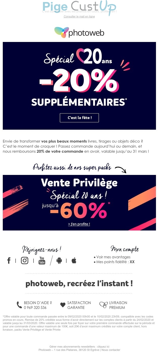 Exemple de Type de media  e-mailing - Photoweb - Marketing Acquisition - Anniversaire marque - Ventes flash, soldes, demarque, promo, réduction - Marketing marque - Communication Produits - Nouveaux produits - Marketing fidélisation - Incitation au réachat - Points et statut