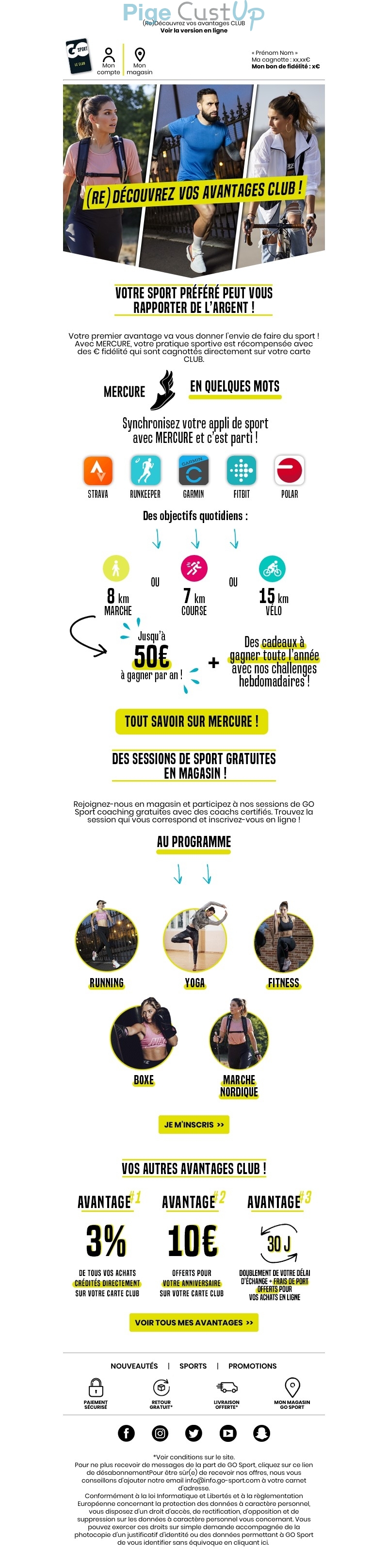 Exemple de Type de media  e-mailing - Go Sport - Marketing fidélisation - Animation / Vie du Programme de Fidélité - Points et statut