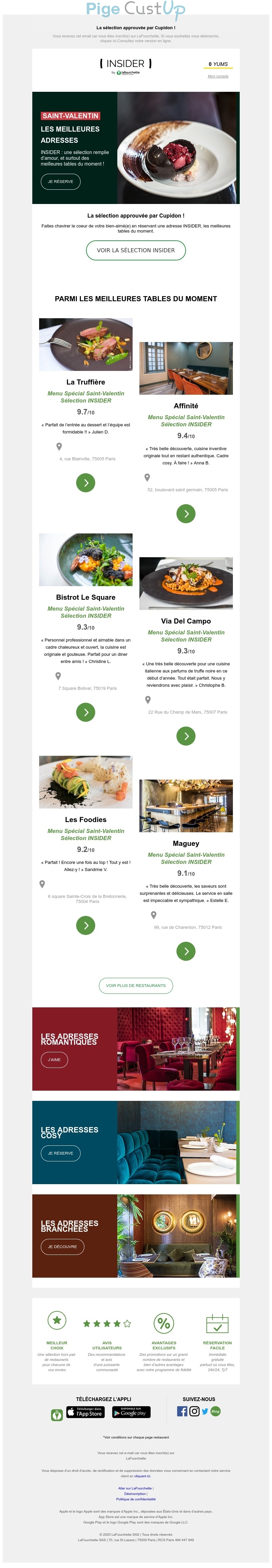 Exemple de Type de media  e-mailing - Lafourchette - Marketing relationnel - Calendaire (Noël, St valentin, Vœux, …) - Marketing marque - Communication Produits - Nouveaux produits - Communication Services - Nouveaux Services - Marketing fidélisation - Incitation au réachat