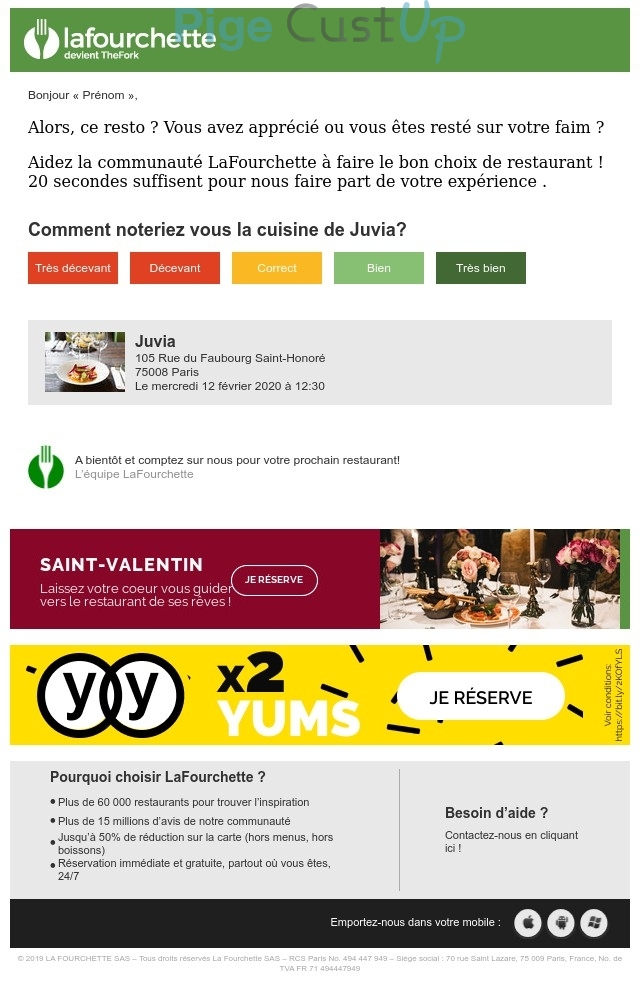 Exemple de Type de media  e-mailing - Lafourchette - Enquêtes Clients - NPS / Avis clients - Marketing fidélisation - Incitation au réachat