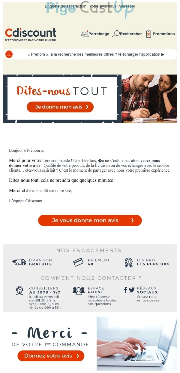 Exemple de Type de media  e-mailing - Cdiscount - Enquêtes Clients - Consultation client - Marketing relationnel - Remerciements