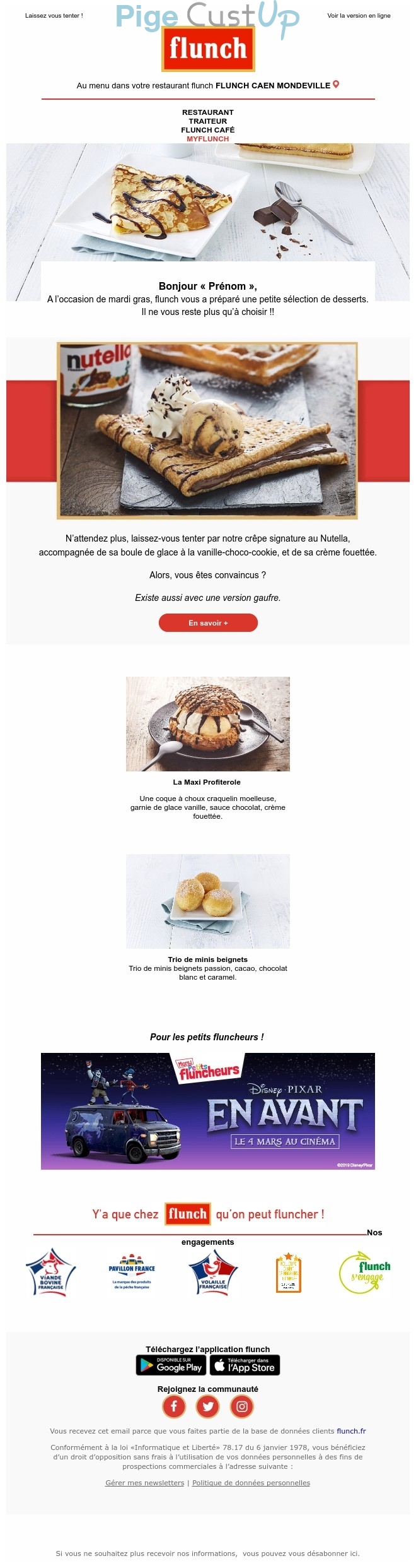 Exemple de Type de media  e-mailing - Flunch - Marketing relationnel - Calendaire (Noël, St valentin, Vœux, …) - Marketing marque - Communication Produits - Nouveaux produits - Marketing fidélisation - Incitation au réachat