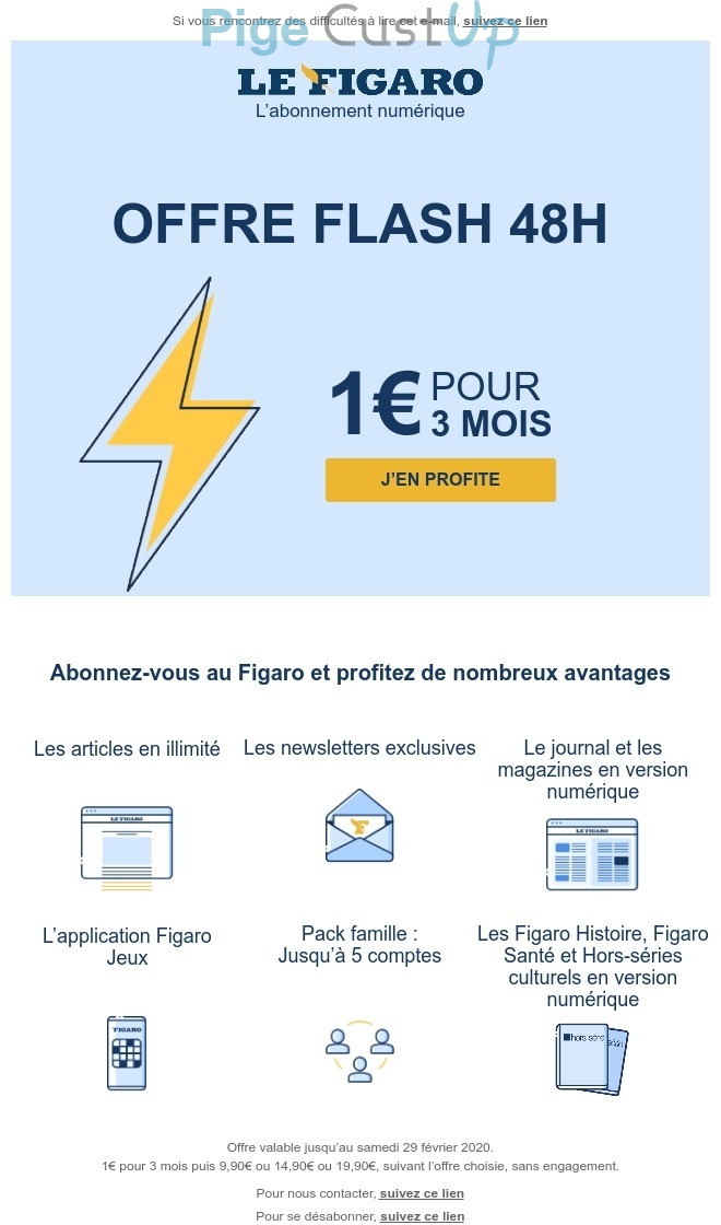 Exemple de Type de media  e-mailing - Le Figaro - Marketing Acquisition - Acquisition abonnements - Ventes flash, soldes, demarque, promo, réduction - Collecte de données - Acquisition de leads