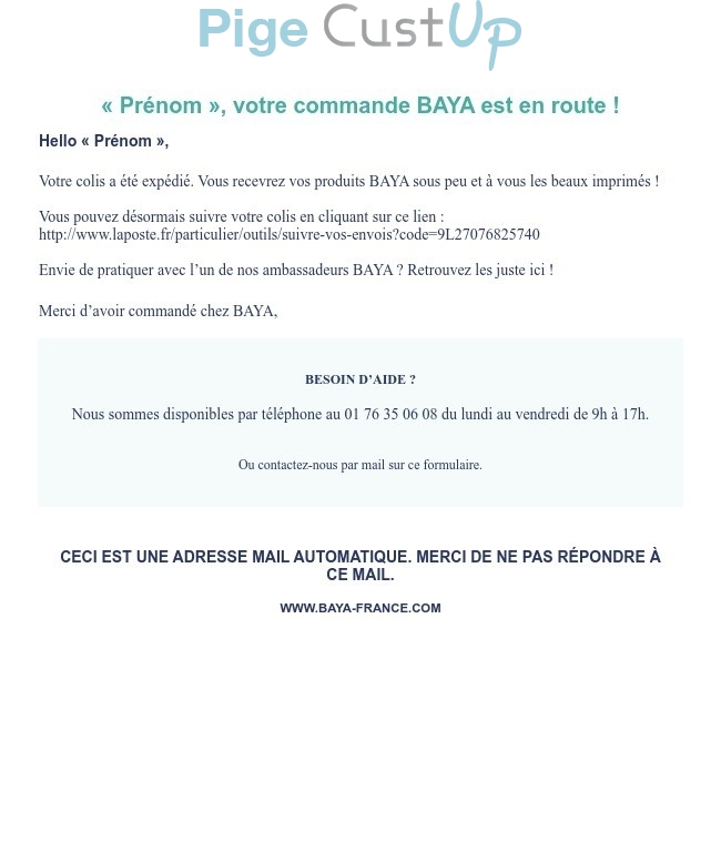 Exemple de Type de media  e-mailing - Baya - Transactionnels - Suivi de commande Expédition / Livraison