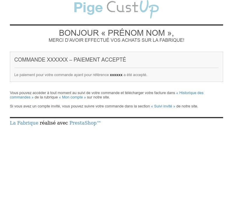 Exemple de Type de media  e-mailing - La Fabrique - Transactionnels - Confirmation de paiement