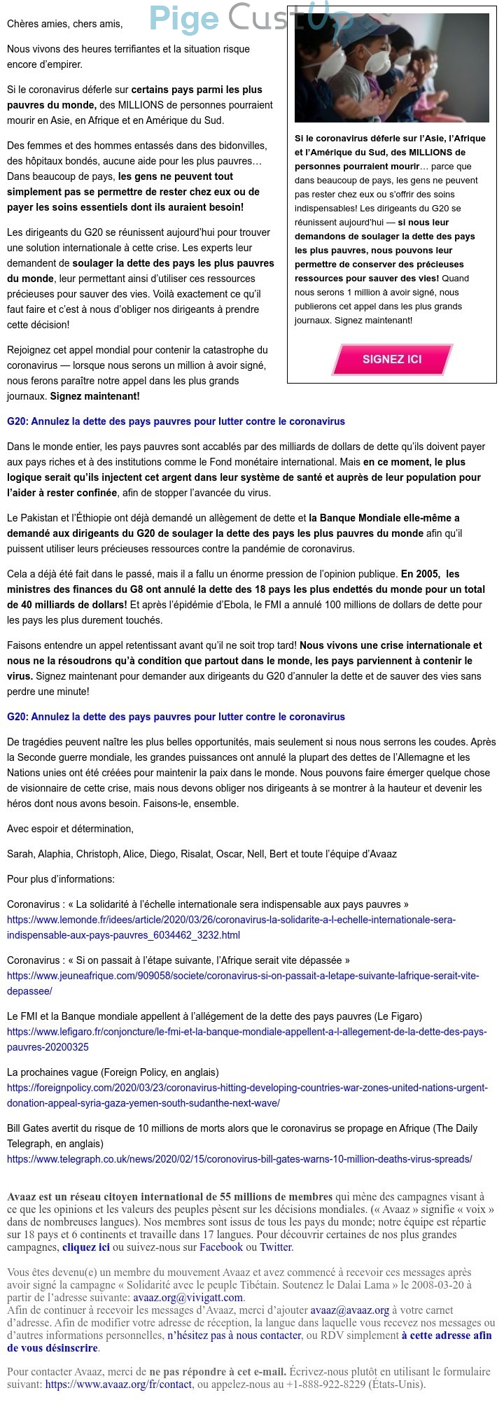 Exemple de Type de media  e-mailing - Avaaz - Marketing marque - Appel à contribution - Marketing relationnel - Newsletter