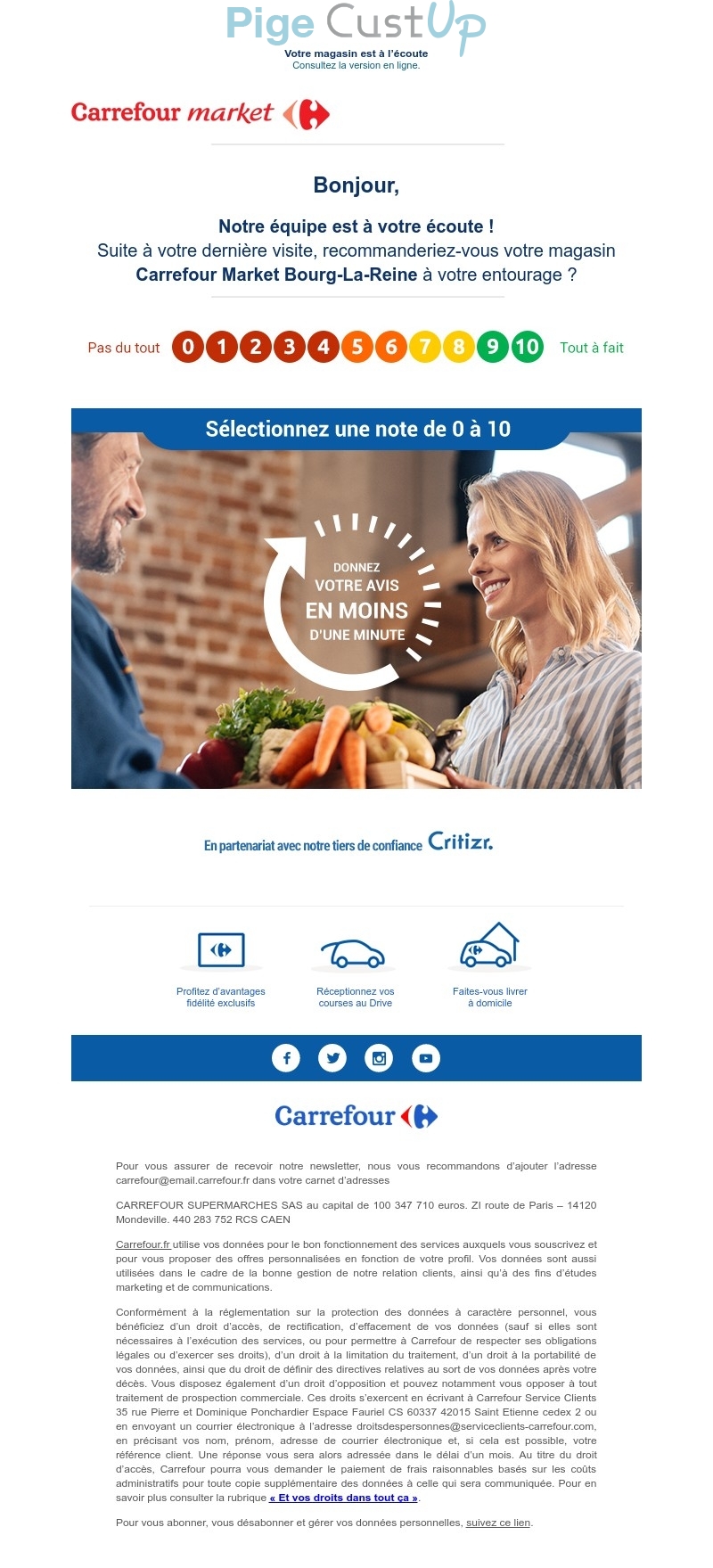 Exemple de Type de media  e-mailing - Carrefour - Enquêtes Clients - Consultation client - NPS / Avis clients