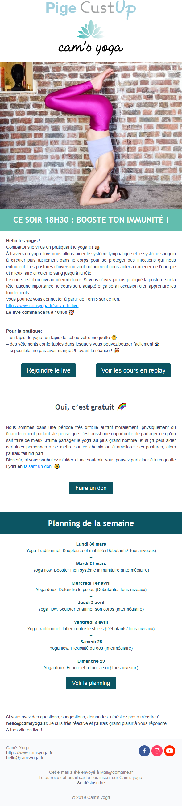 Exemple de Type de media  e-mailing - Cam's Yoga - Marketing relationnel - Evénement