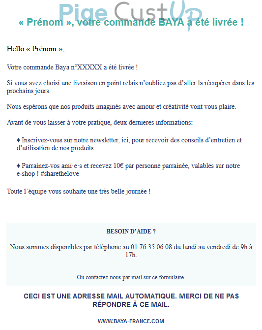 Exemple de Type de media  e-mailing - Baya - Transactionnels - Confirmation Livraison