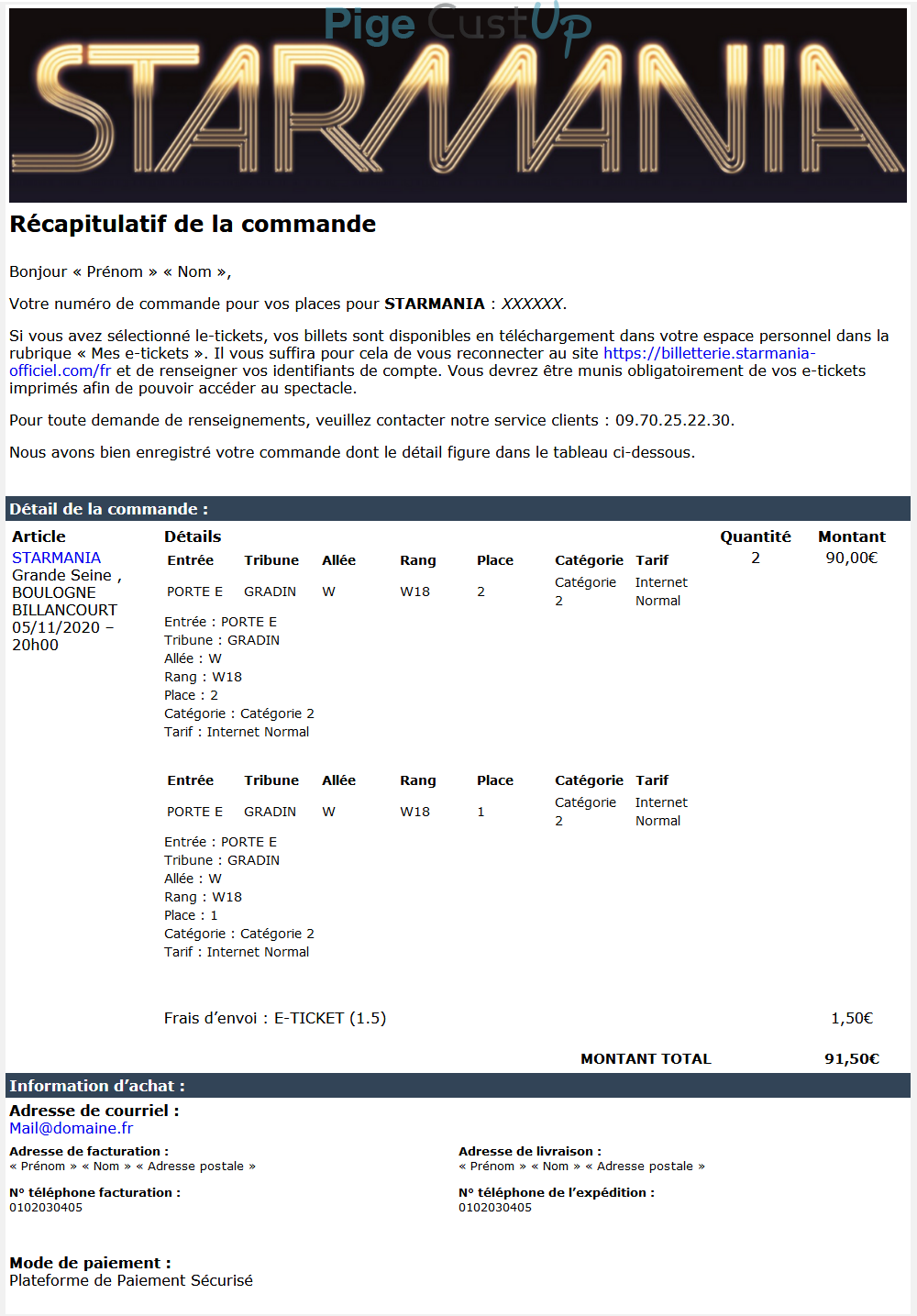 Exemple de Type de media  e-mailing - Billetterie Starmania - Transactionnels - Confirmation de commande